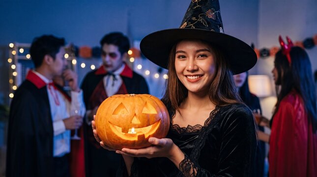 A happy young woman dressed as a witch holds a glowing jack-o'-lantern at a festive indoor Halloween costume party with friends in the background.
