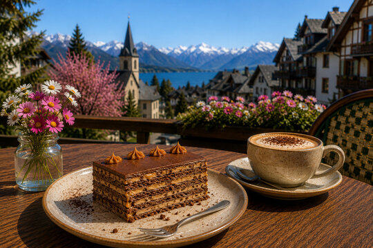 Authentic classic Argentine Chocotorta and Cappuccino at a Premium Outdoor Caf&eacute; in Bariloche with Alpine Mountain Town Scenery on a Sunny Spring Day