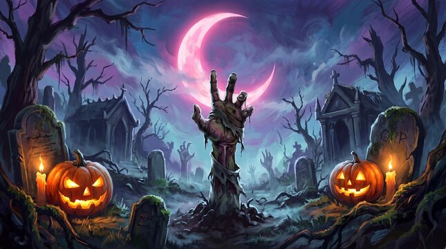 A haunting Halloween illustration featuring a zombie hand rising from a graveyard under a glowing crescent moon, surrounded by glowing jack-o-lanterns.