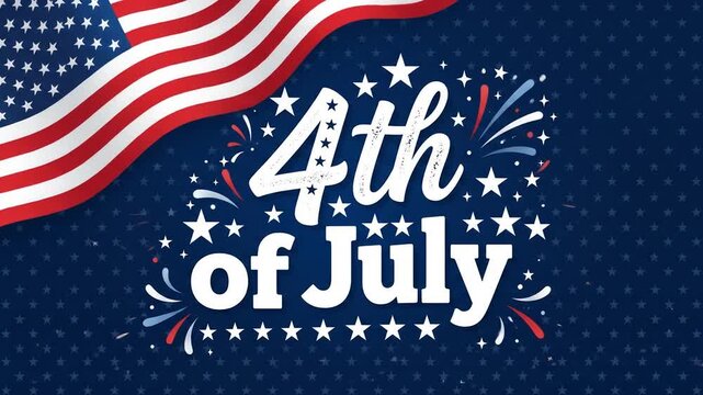 Fourth of July graphic with waving flag and star cluster background.