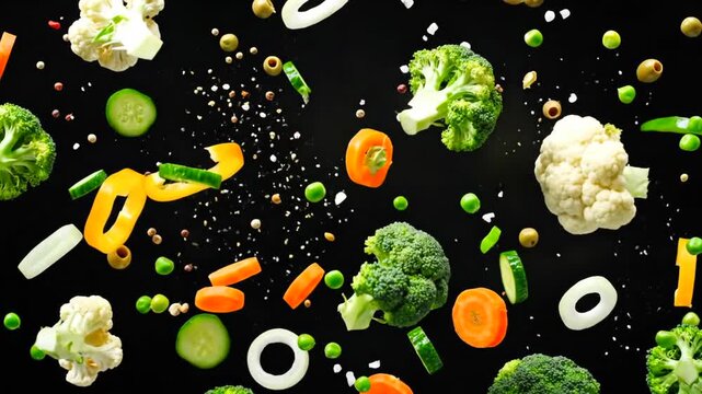 mixed vegetables and rings floating on black background, broccoli, cauliflower and carrots tossed with peas and cucumber slices, fresh vibrant composition for healthy eating visuals