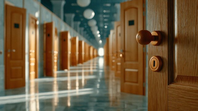A corridor lined with numerous wooden doors, one door slightly open in the foreground, reflecting light on a polished floor under a ceiling with spherical lights.