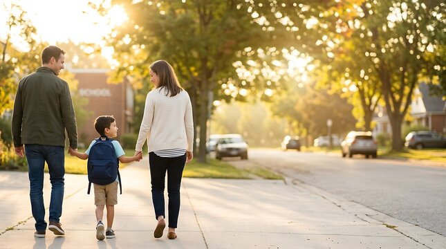 A family walks hand-in-hand down a sunlit, tree-lined street, with a young boy wearing a backpack, possibly heading to or from school.
