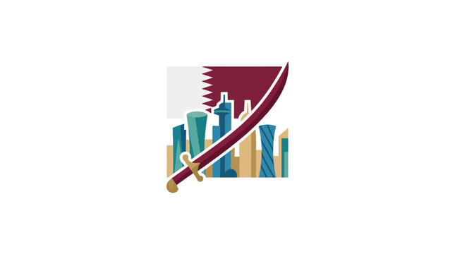 Qatar Skyline with Traditional Sword and Flag