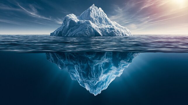 Iceberg floating serene ocean split horizon sunlight reflection deep blue waters