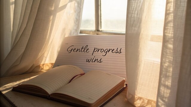 Warm sunlight illuminating open notebook with motivational quote in cozy indoor setting, inspiring reflection and creativity