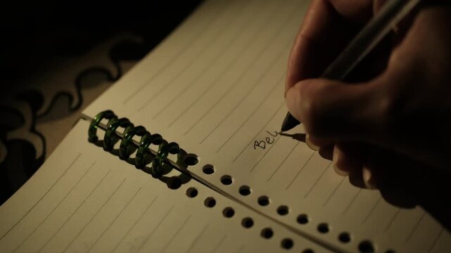 Macro shot of person writing believe in a spiral diary with dramatic lighting