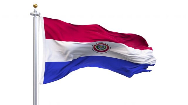 Paraguay flag waving looping with transparent background, with alpha matte layer for transparency in the background.