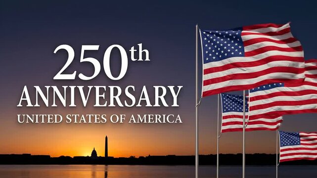 American flags waving at sunset over Washington DC for 250th anniversary