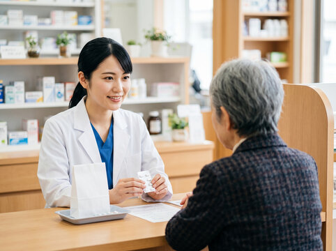 明るい調剤薬局で高齢者に薬のシートを見せて丁寧に指導する女性