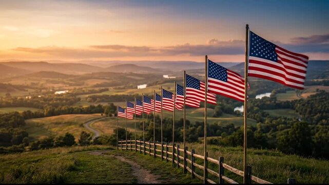 American flags waving on a rural hillside at sunset overlooking a scenic valley landscape