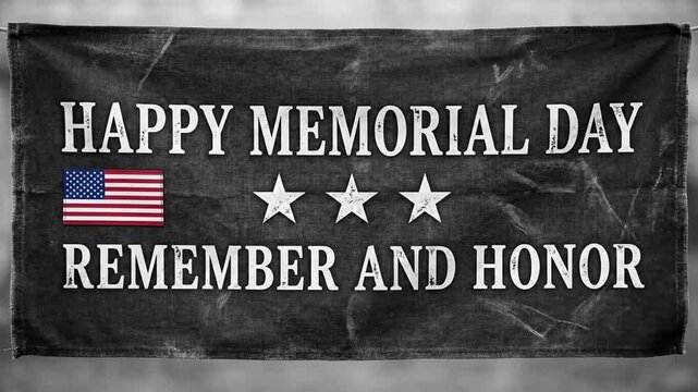 Happy Memorial Day remember and honor text on black canvas banner with American flag