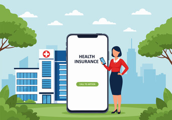 A woman stands confidently in a park holding a phone with a large health insurance app on screen near a hospital. © Grogolan