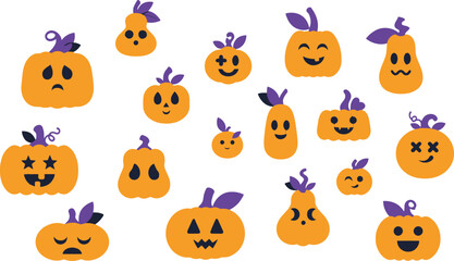 Fototapeta premium Happy Halloween Carved Pumpkins with Various Emotional Faces Design