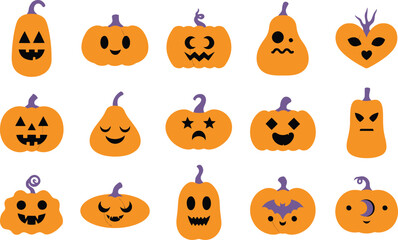 Fototapeta premium Happy Halloween pumpkins with various funny carved faces designs transparent background