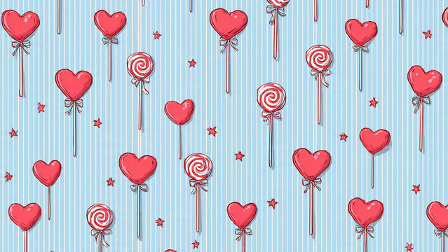 Seamless pattern of red heart and swirl lollipops with small stars on a striped blue background, perfect for Valentine's Day, party invitations and sweet treat designs
