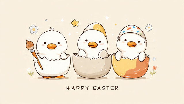 Three adorable cartoon chicks hatching from eggs, holding a paintbrush, perfect for Easter promotions, children's greeting cards and spring celebration designs