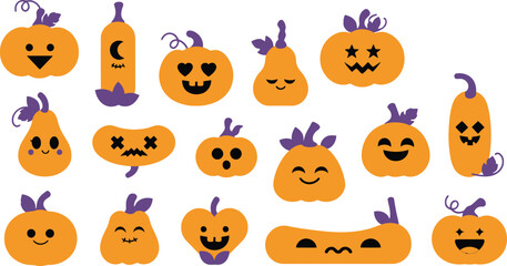 Fototapeta premium Cute Halloween carved pumpkins with various funny and spooky faces design