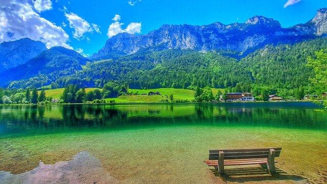 Peaceful Wooden Bench by Emerald Waters of Hintersee Lake, Berchtesgaden, Bavarian Alps