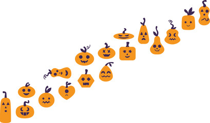Fototapeta premium Happy Halloween Carved Pumpkins With Various Emotional Faces Illustration