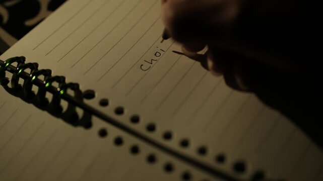 Macro shot of person writing choice in a spiral diary with warm lighting