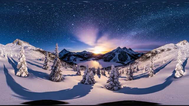 360 degree snowy mountain landscape under starry night sky
