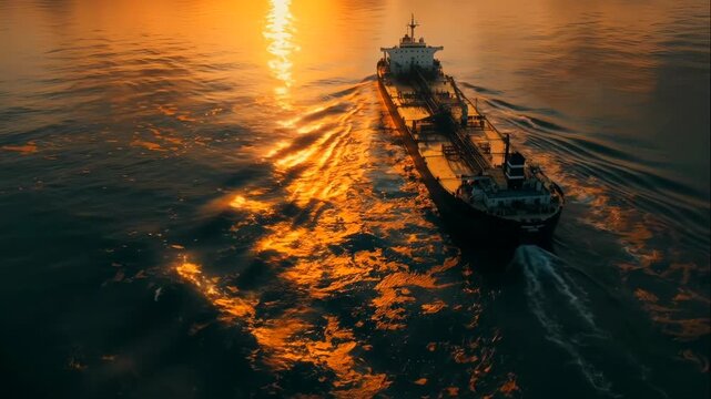 sunset tanker cutting golden ocean wake, aerial view capturing amber reflection, calm water, long wake trailing behind hull, captain monitoring bridge instruments, deck crew securing