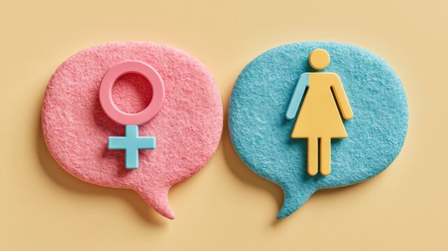 Pink and blue speech bubbles with female gender symbols and icons, representing women and gender identity.