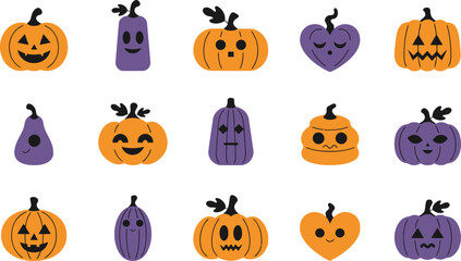 Fototapeta premium Happy Halloween Pumpkins and Eggplants with Carved Faces and Smiley Expressions