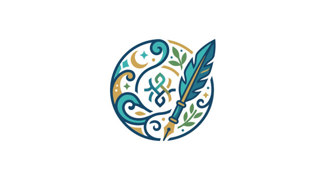 Creative writing logo with feather quill, moon, stars, and swirling patterns