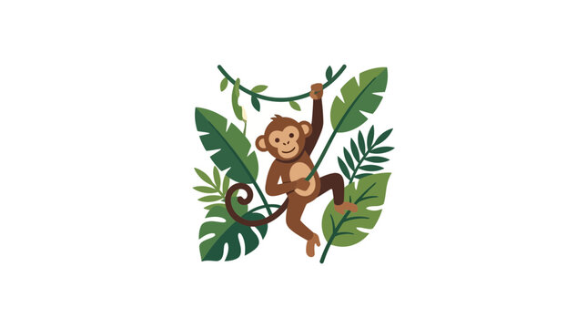 Cute monkey swinging on vine in jungle surrounded by tropical leaves, flat design