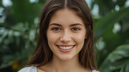 Obraz premium Young woman smiling close up portrait natural light green background