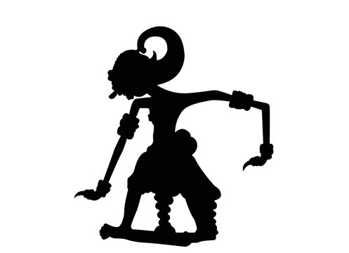 Black silhouette of a traditional Javanese wayang kulit shadow puppet character on white