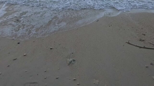 Gentle ocean waves washing ashore on sandy Kala Pathar Beach in Havelock Island, Andaman, India