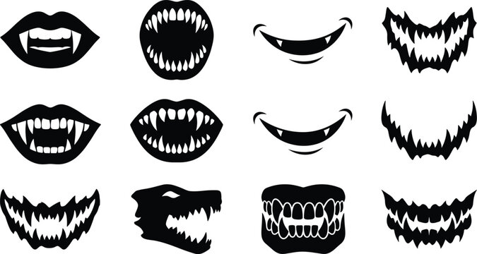 Scary Vampire and Monster Mouth Silhouette Collection with Sharp Fangs and Spooky Teeth Creepy Smile Vector Set for Halloween Graphic Designs