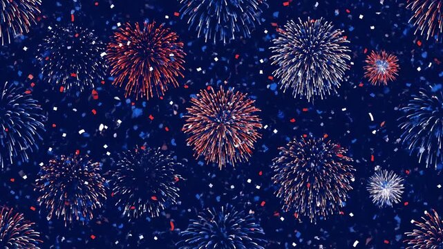 Vibrant fireworks burst against a dark blue backdrop, with confetti