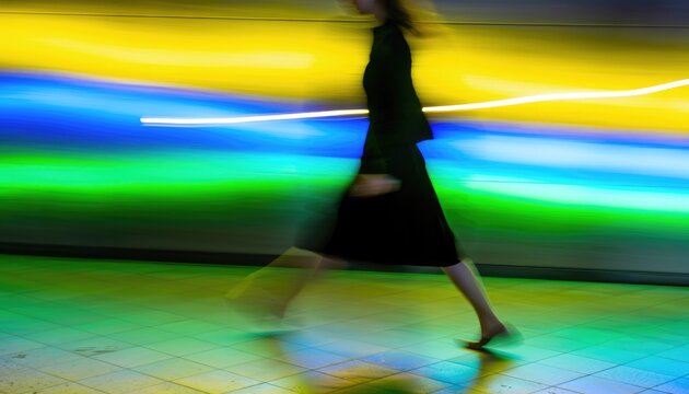 Abstract long exposure of a dancer in motion against colorful neon light trails.