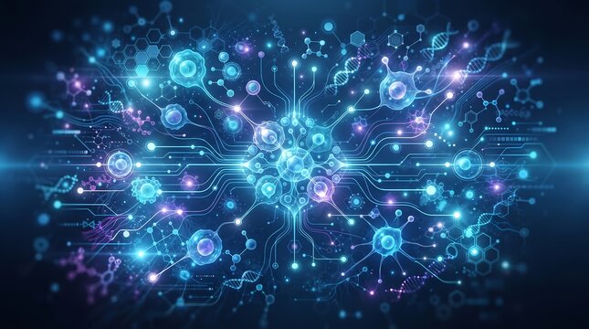 Futuristic medical innovation showing abstract neural cells with glowing DNA strands and circuit connections representing biotechnology and health science