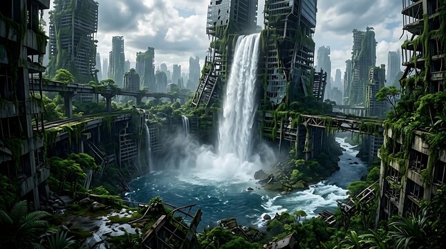Abandoned futuristic cityscape with waterfall.