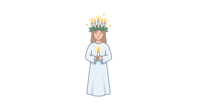 Saint Lucy Day Illustration - Girl with Candle Crown, Scandinavian Tradition