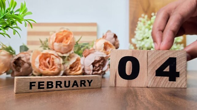 Hand placing wooden calendar blocks showing february 4 on a wooden table
