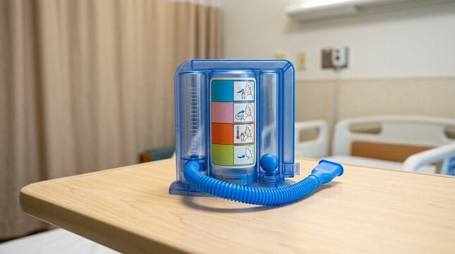 Post-operative deep breathing incentive spirometer with a multilingual instruction sticker applied to the front on a hospital bedside table stock photo for healthcare and medical industry use
