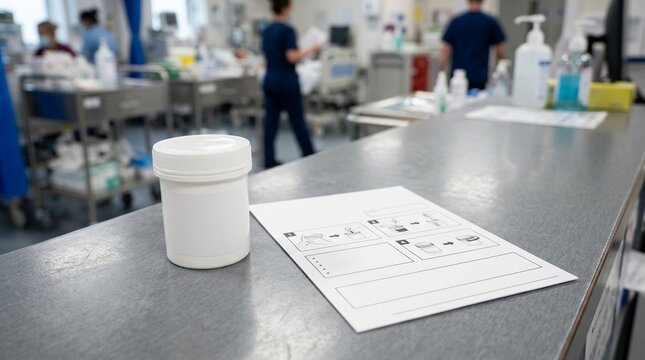 Clostridioides difficile testing sample collection container and a translated patient instruction card on a hospital ward counter stock photo for healthcare and medical industry use
