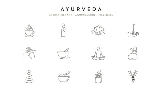 Set of eight minimalist ayurveda symbols and icons in a clean layout Vector