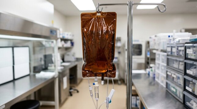 Total parenteral nutrition bag hanging from an IV pole in a hospital pharmacy compounding area showing the amber-tinted protective cover stock photo for healthcare and medical industry use