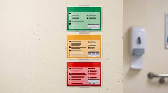 Clinical escalation pathway traffic-light card system with red amber and green criteria laminated on a ward wall stock photo for healthcare and medical industry use