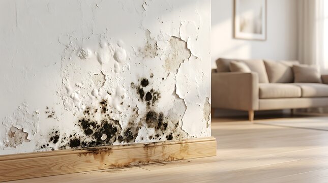 damp wall with peeling paint and mold growth indoors showing home damage and water infiltration issue requiring repair.
