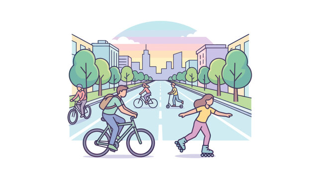 People enjoying outdoor activities in a city street with bicycles and rollerblades