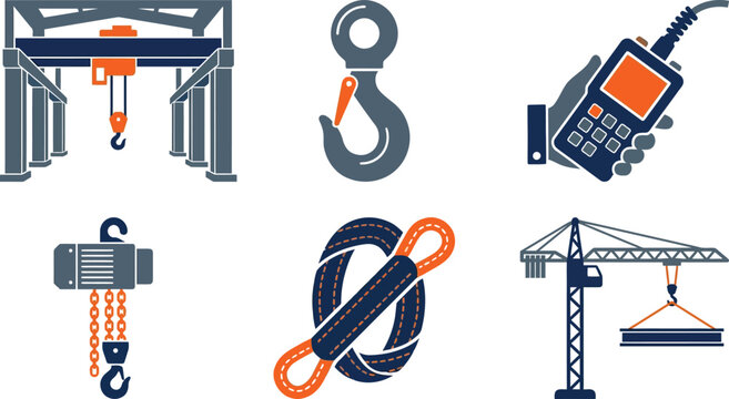 Collection of industrial crane and lifting equipment icons including hooks hoists and remote controls for construction and logistics concepts