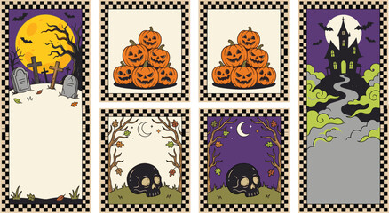 Fototapeta premium Retro Halloween Banner and Card Template Set Featuring Vintage Style Haunted House Graveyard Pumpkins and Skulls with Checkerboard Borders for Spooky Event Designs